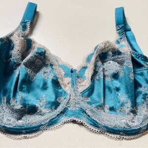 Panache 36J CLARA Turquoise Teal White Lace Bra Underwire Like New